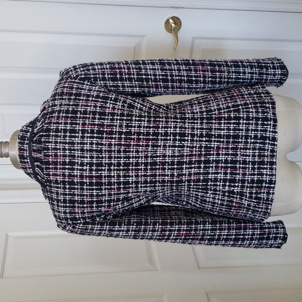 Vintage 90s Scarlet Tweed Boucle Plaid Blazer Jacket Fringe Size 8 Black Pink - Picture 5 of 11